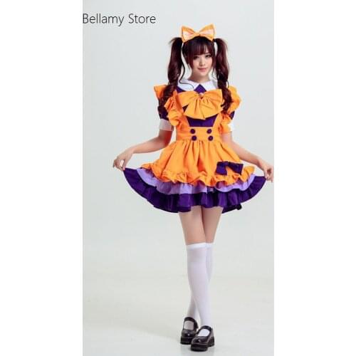 Gothic Lolita Orange and Violet Sweet Bow Pleated lace Cosplay Maid Costume Maid Dress