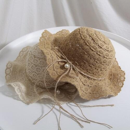 H7425 Summer Girl Straw Sun Hat Hollow Lace Flower Breathable Cool Cap Baby Children Sunscreen Sunshade Bowknot Basin Hats