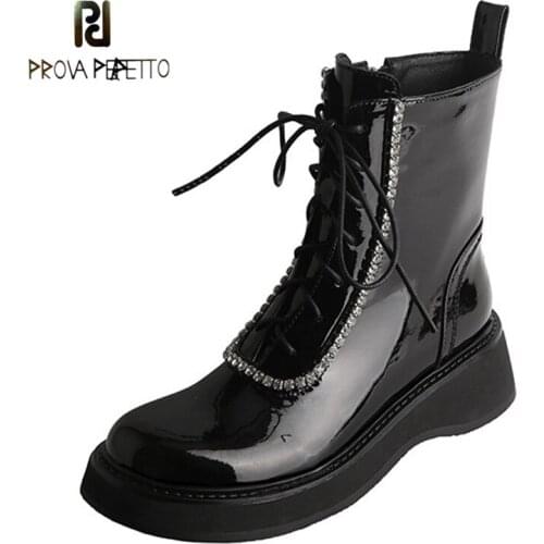 Rhinestone Martin Boots Cow Patent Leather Trifle Thick-soled Side Zipper Ankle Boots Retro Was Thin Lace-up Motorcycle Boots