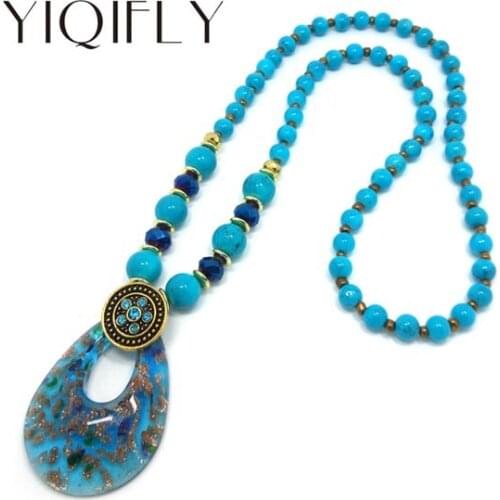 YIQIFLY Free Shipping Fashion Unique Drop Pendant Lampwork Murano Art Glass Beaded Pendant Necklace Simulated Stone Necklace
