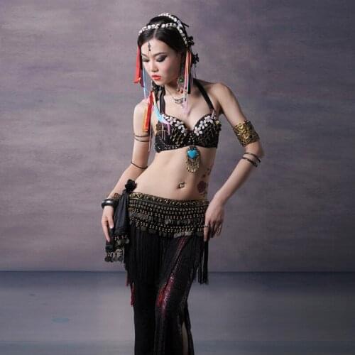 Women ATS Tribal Belly Dance Costume Set 3pcs Bra Belt Pants Gypsy Top Coin Tassel Hip Scarf Tassel Clothing Performance