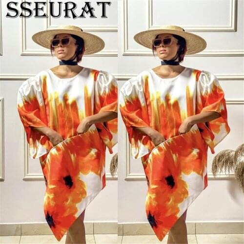 SSEURAT Women Dress Print O-neck Half Sleeve Loose Asymmetric Dresses 2021 Hot Fashion Office Lady Vestido