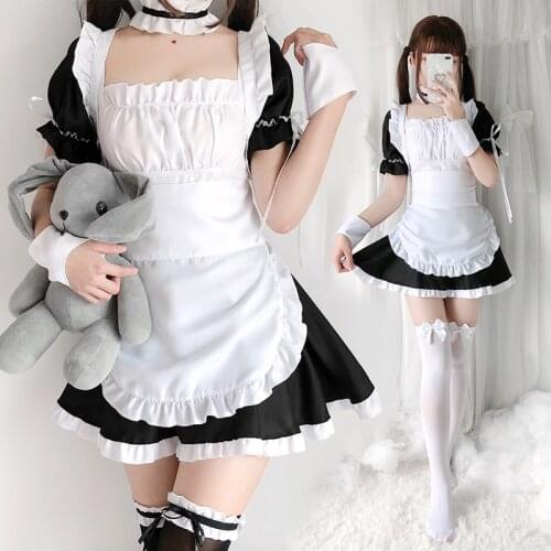 Women Girls JP Anime Kawaii Maid White Lolita Dresses Apron Halloween Cosplay Costume Party Role Play Dress Up Waitress Outfit