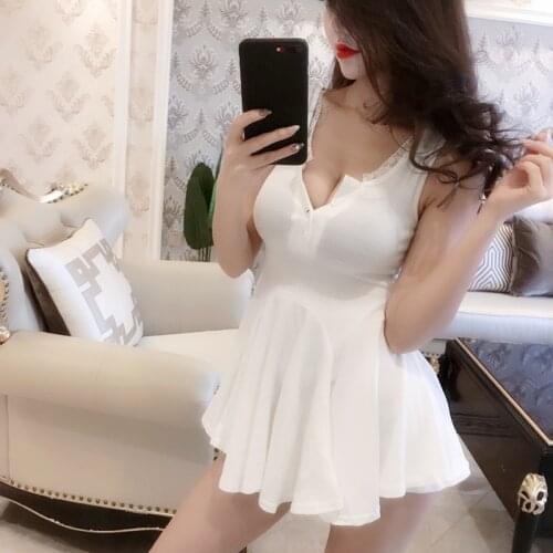 Women Fashion 5 Colors Summer Sexy Dress Vestidos Single-breasted Sleeveless Super Mini Dress Retro Lace Neck Short Tank Dress
