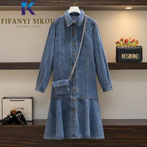 2021 Spring Women Plus Size Denim Dress Single Breasted Shoulder Bags Decoration Fashion Mid Long Dress Female Loose Jeans Dress