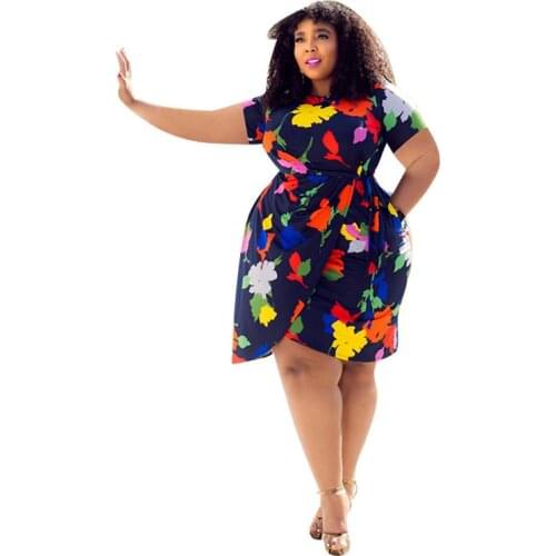 Flower Printing Women Plus Size Shirt Dresses 2021 Summer Hottest Round Collar Pullover Short Sleeve Sashes Dress