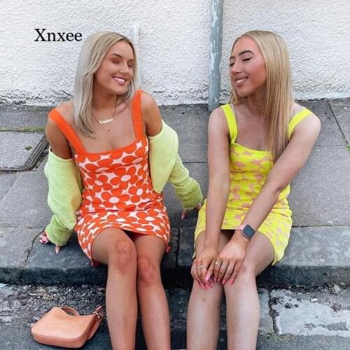 2021 Summer Knitted Dress for Women Orange Floral Print Casual Beach Y2K Strap Sexy Mini Bodycon Wrap Party Fashion Cute Dresses