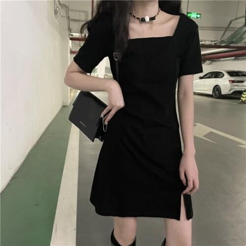 Black Retro Split Dress Women Elegant Midi Designer Dress Female Short sleeve Hepburn Style Vintage Dress Spring and summer 2021