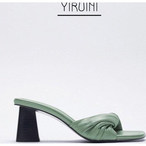 2021 Summer New Womens Sandals Light Green Square Toe Knot High-Heeled Leather Sandals Heels Women