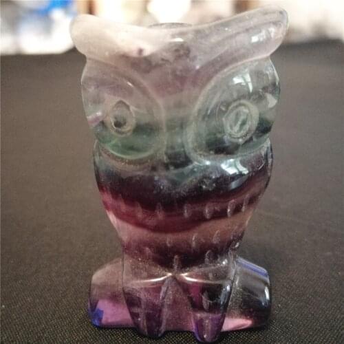 45mm Cute Natural Quartz Crystal Owl Carved Rainbow Fluorite Owl Stone Healing Home Desk Decor