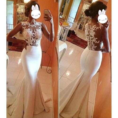 Illusion 2019 Mermaid Evening Dresses with Appliques Sleeveless O-Neck Zipper White Prom Dresses Prom Party Dress Evening Dress