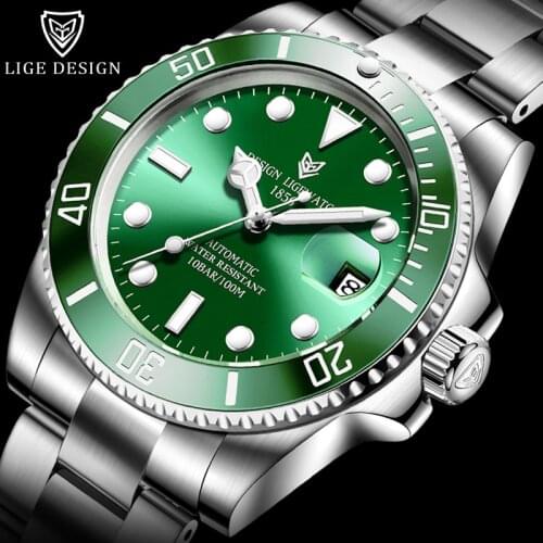 LIGE Green Water Ghost Design Brand Luxury Men Watches Automatic Watch Men All Steel Waterproof Business Mechanical Wristwatch