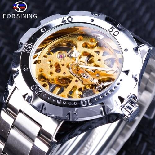 Forsining Silver Stainless Steel Gear Case Luminous Hands Golden Skeleton Clock Mens Mechanical Wristwatches Top Brand Luxury