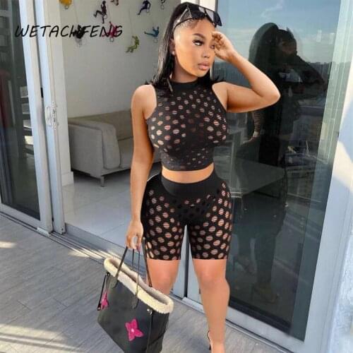 Black Sexy Shorts And Top Hole Mesh Transparent Sleeveless Backless Summer Sets Plus Size Outfits Suit Women Tracksuits Clothing