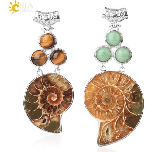 CSJA Bohemia Ketting Pendant Natural Ammonite Shell Fossils Round Charm Opal Pink Quartz Tiger Eye Semi Precious Stone Bead E249