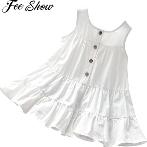 Baby Summer Clothing Kids Dresses For Girls Solid Color Cotton Buttons Casual Dress Party Sleeveless Princess Dress For Children