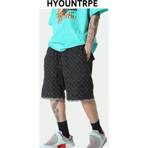 Mens Harem Pants Fashion Design Ripped Holes Denim Jean Shorts Hip Hop Elastic Waist Loose Half Length Pants Streetwear Shorts