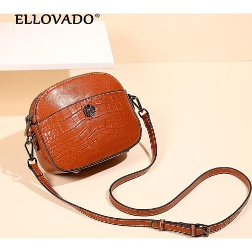 Ellovado Crocodile Grain Shell Single Shoulder Messenger Bags Wax Oil Skin Retro Bag Lady Crossbody Bag Fashion Leather Bags
