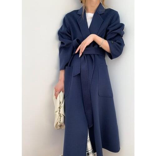 Bathrobe blue and white water ripple coat double-sided cashmere woolen coat female long new