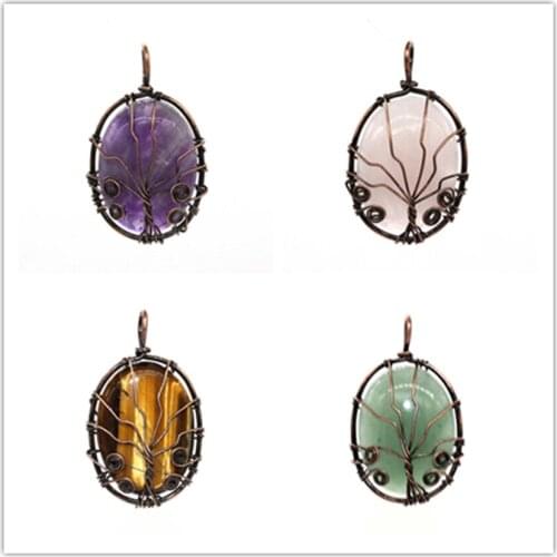 KFT Copper Wire Wrapped Tree Of Life Oval Shape Stone Pendant Natural Healing Crystal Quartz Tiger Eye Stone Pendant Jewelry