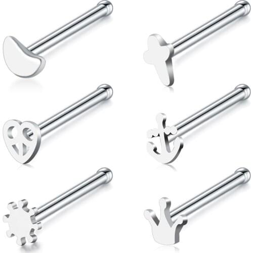 20G Nose Rings Hoop L-Shaped Nose Rings Studs Screw Stainless Steel CZ Different Shape Top Nose Piercing Jewelry