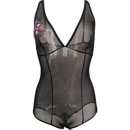 Embroidery Floral Spaghetti Strap Transparent Gauze Deep V Collar Open Crotch Bodysuit for Women Sexy Lingerie Jumpsuit SLA032