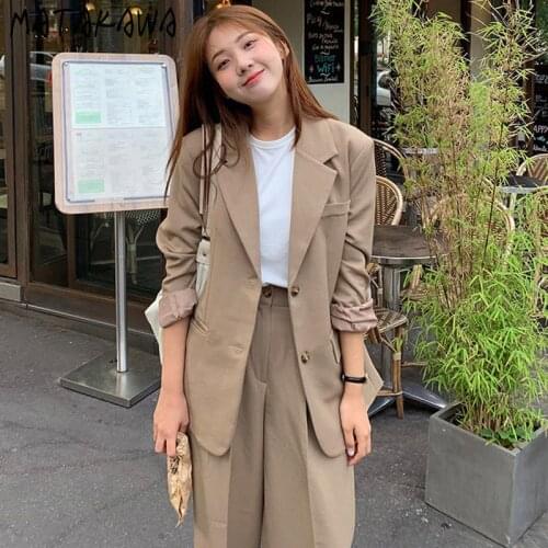 MATAKAWA 2 Piece Outfits for Women Autumn Loose Casual Long-sleeved Ladies Blazer Coat + High Waist Simple Loose Wide-leg Pants