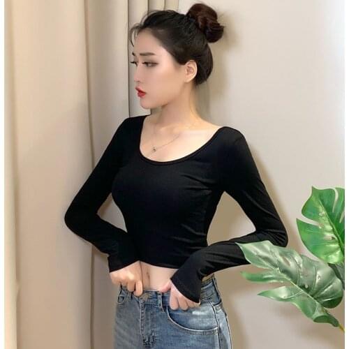 Long Sleeve Crop Top T Shirt Women Solid White Black Cotton O Neck T-Shirt Slim High Wasit Lady Spring Autumn Lady Singlet Top