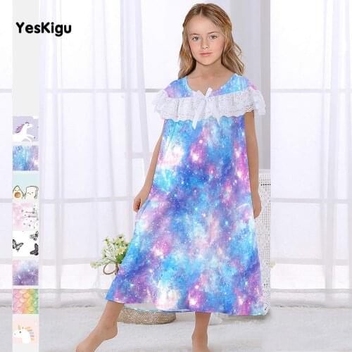Summer Children Night Dress Girls Sleepwear Cartoon 3D Unicorn Cute Loose Leisure Wear Dresses Galaxy Nightgown Lace Pajamas
