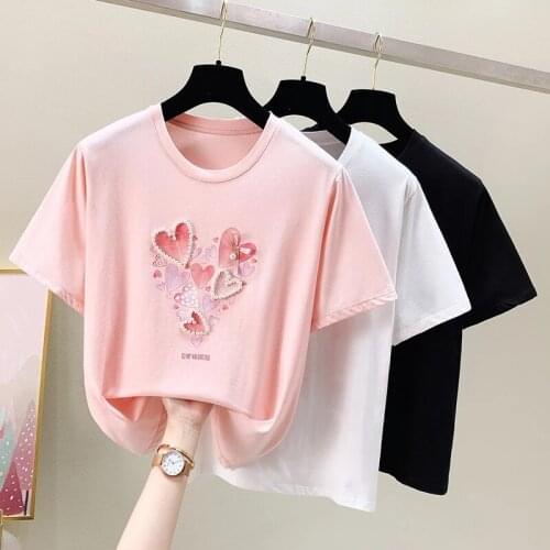 GGRIGHT 2021 Summer T Shirt Women Korean Fashion Tshirt Girls Short Sleeve Beading Love Print Tee Shirt Femme Tops Pink