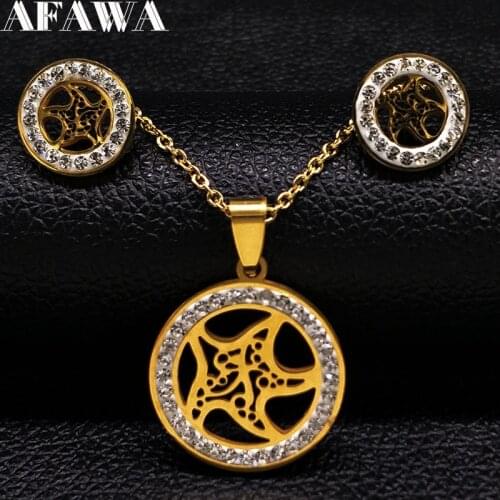 Fashion Round Starfish Stainless Steel Set Jewelry Women Crystal Gold Color Earrings Necklace Jewelry Set bisuteria S178352S01