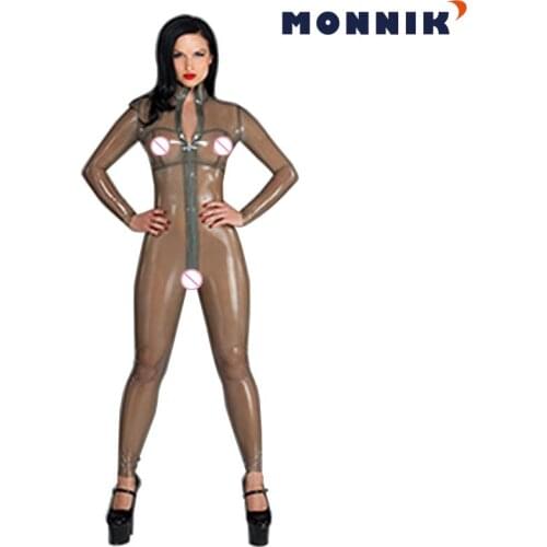 MONNIK latexSexy Latex Transparent Black Zentai Catysuit Women Rubber with Zipper Unique