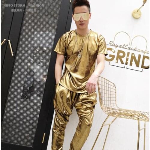 Golden layer shine t shirt men singer personality tshirts Harem pants set short sleeve t-shirt men stage shirt homme street b672