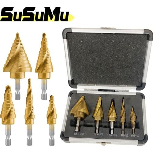 5 Pcs HSS Titanium Coated Step Drill Bit Set Multiple Hole Opener Power Tool Stepped Drill for Wood Metal with Aluminum Case