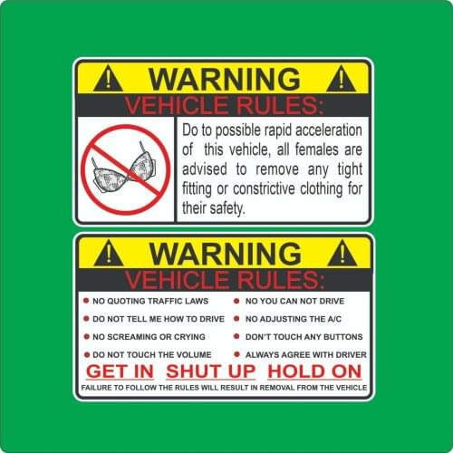 Warning Decals 2 Vehicle Rules Funny Sticker Car Truck Decal No Bra Warning JDM Auto Fits Honda PVC Vinyl Reflective Stickers