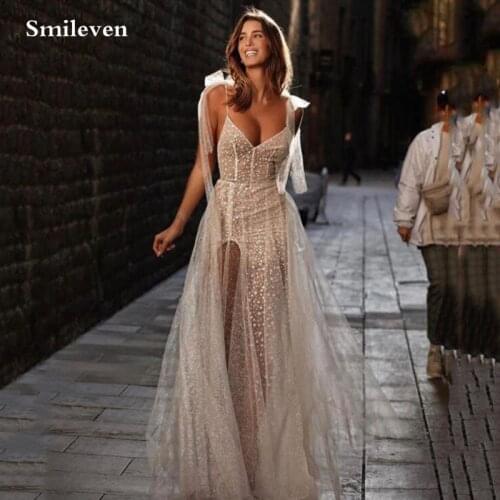 Smileven Boho Wedding Dresses A-line 2021 Stars sparkling Lace Spaghetti Straps Side Split Bride Dresses vestido de casamento