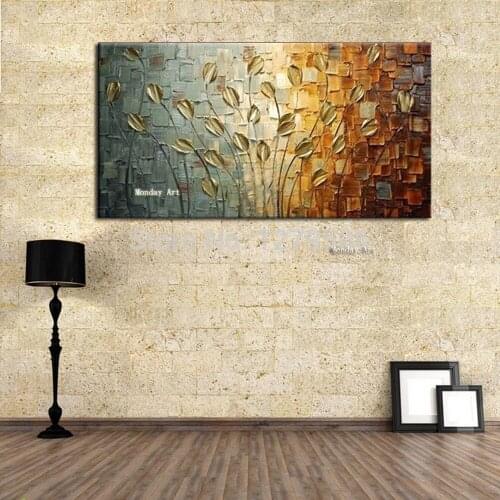 Hand painted Texture golden Flower Tree Abstract Modern Wall Art gold Oil Painting Canvas picture Wall Decor For home Decoration