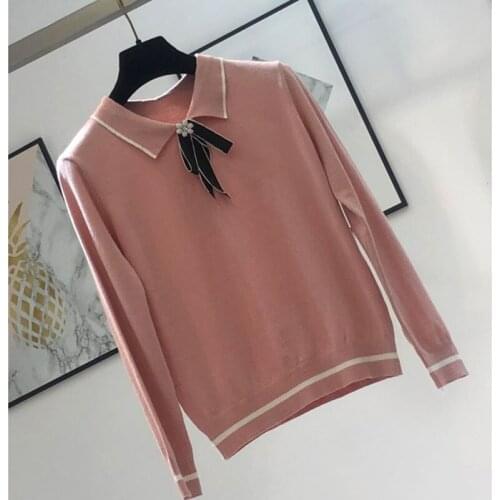 Knitwear Women 2019 Autumn New Polo Collar Bow Autumn New Sweater Knit Top A393