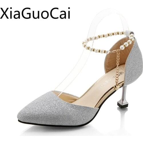 Pearl Fashion Pointed Toe Women Pumps Golden and Asliver Female High Heels Shoes Shallow Summer Slip-on Girls Pumps