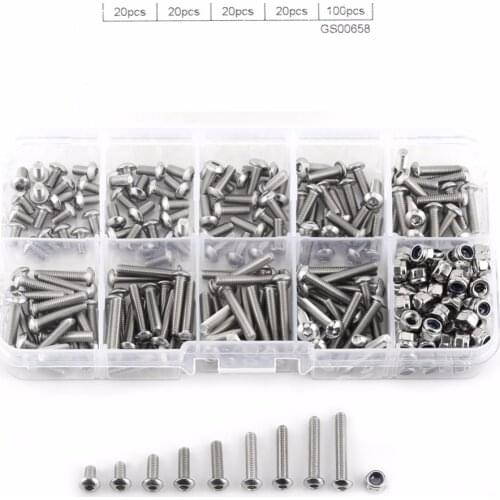 280pcs/set M3 Screws Stainless Steel SS304 Hex Socket Button Head Screws Locknuts Assortment Fastener Hardware Set Accessories