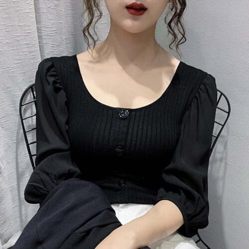 Women Blouse Solid Color Square Neck Spandex Long Puff Sleeve Single-breasted Blouse shirt Black M Womens Clothing топ женский