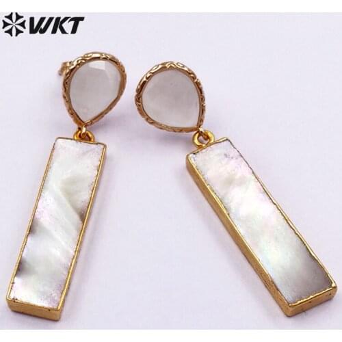WT-E421 Wholesale New Arrived White Natural white shell Stone Unique Shape Earrings With Gold Trim Long Eardrop For Women Gift