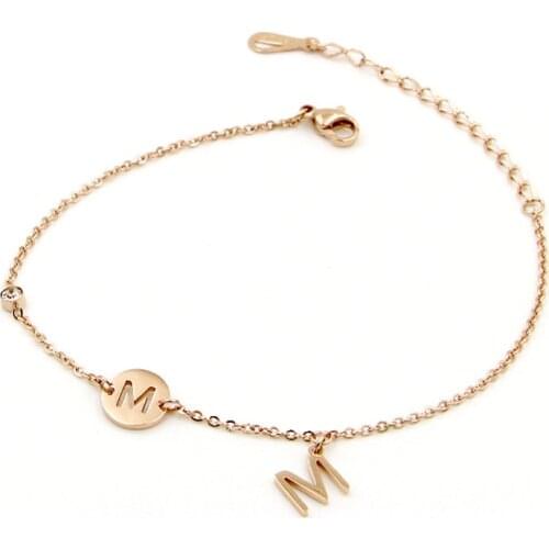 New Beautiful Charm Zircon And M Letters And Hollow M Rose Gold Color Anklet Top Quality Titanium Steel Anklet Jewels For Women
