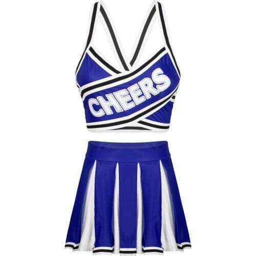 Women Adults Cheerleader Costume Cheerleading Uniform Outfit Striped Shoulder Straps Back Cross Crop Top with Pleated Skirts