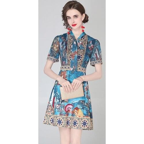 2021 Womens Summer Dress European Retro Bow-neck Printed Lace-up Short Dress New Waist Female Dresses X480
