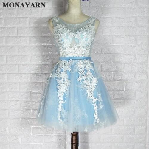 Bridesmaid dress elegant light blue chiffon white decals wedding activity short bridesmaid dress 2017