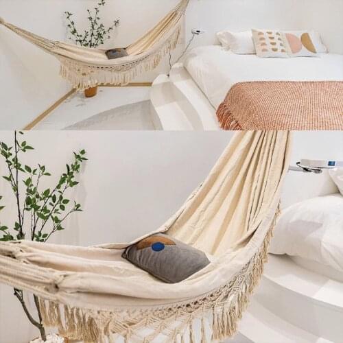 2 Person Hammock Boho Style Brazilian Macrame Fringed Deluxe Double Hammock Net Swing Chair Indoor Hanging Swing