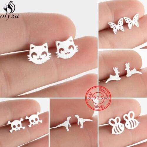 2021 New 925 Sterling Silver Butterfly Deer Stud Earrings for Women Girls Cute Dinosaur Skull Earing Children Christmas Brincos