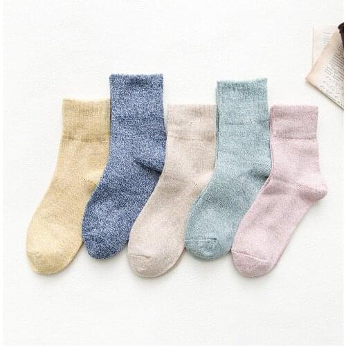 New Winter Womens Thick Warm Solid Color Fresh Harajuku Fashion Wool Socks 5 Pair