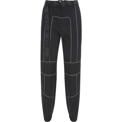 2019 hot women Casual harem pants black Sweatpants ladies wild Belt decoration Active Wear spring Reflective cargo pants